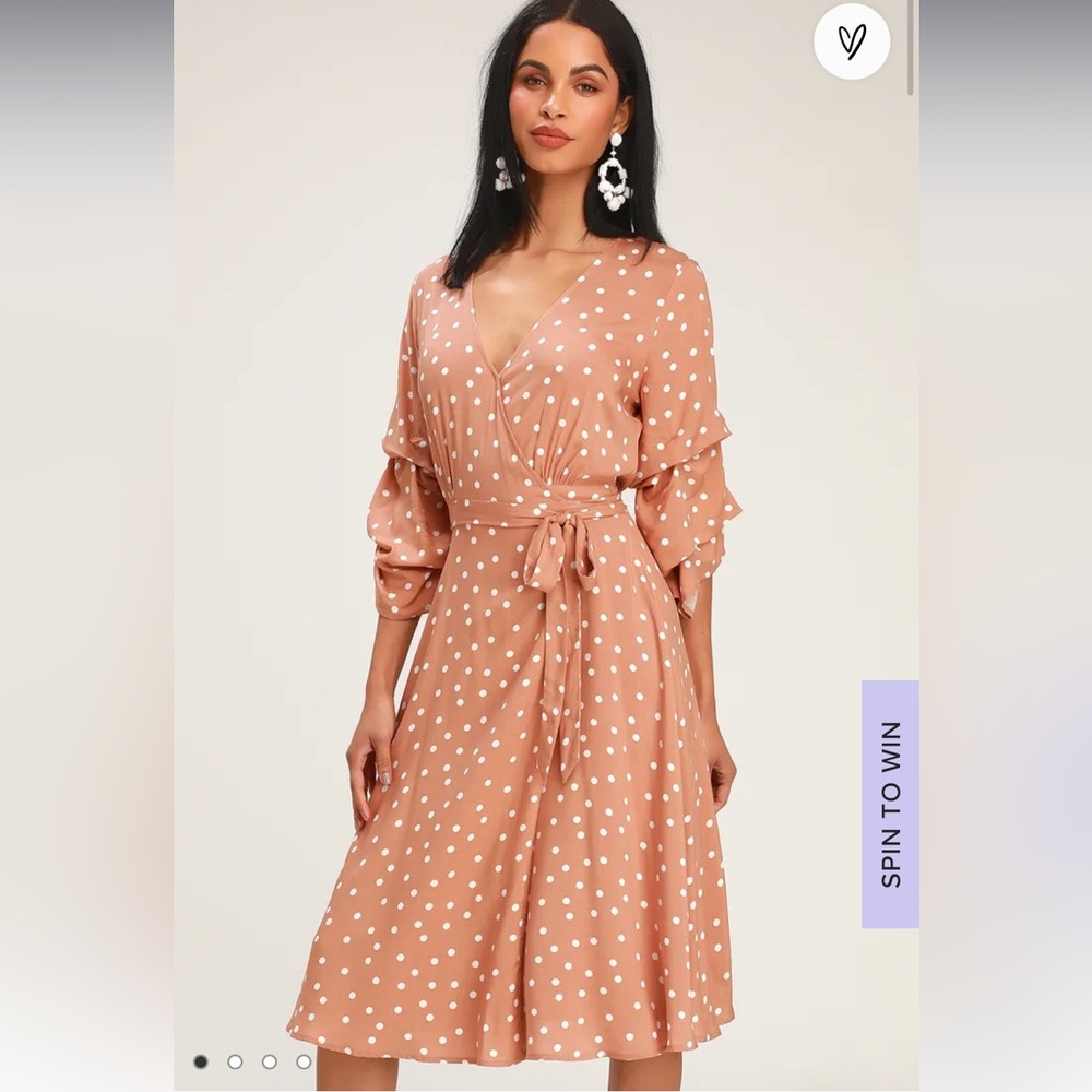 Lulus Socialite Rusty Rose and White Polka Dot Wrap Midi Dress